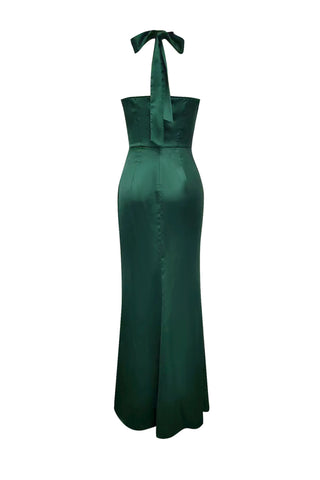 Satin bow split maxi dresses in green