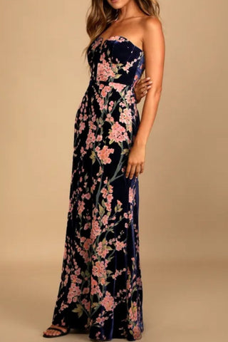 Navy Blue Floral Print Velvet Strapless Maxi Dress