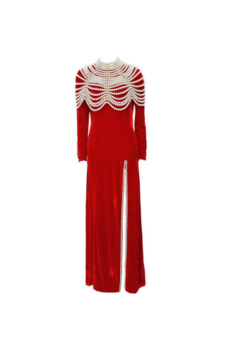 AALIYAH PEARL EMBELLISHED VELVET MAXI DRESS IN RED