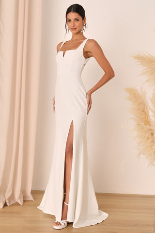 White Notched Backless Mermaid Maxi Dress