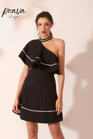 Ruffle sleeve A line mini dress in black