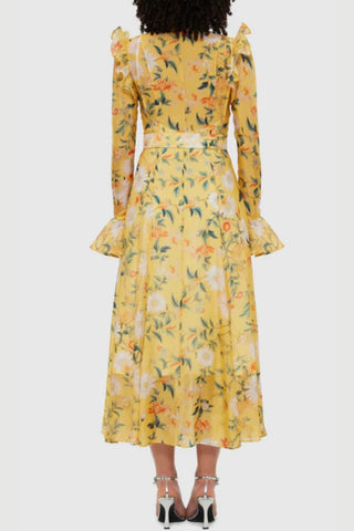 Daisy Print Butterfly Sleeve Midi Dress in yellow