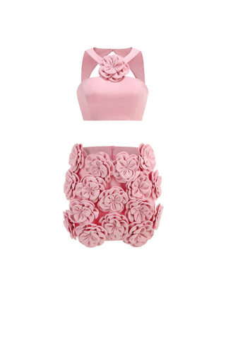 Flower pink mini dress set