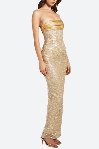 GOLD SATIN SEQUIN PEARLS BEADED MAXI DRESS