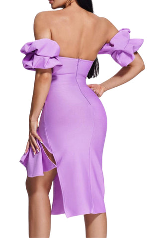 STRAPLESS DRAPED SLEEVE SLITS BANDAGE DRESS IN PURPLE