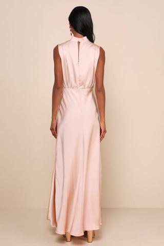 Blush Satin Sleeveless Mock Neck Maxi Dress