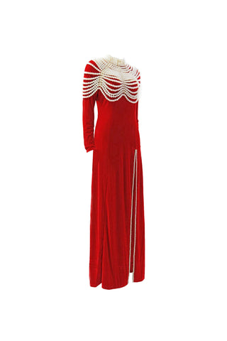 AALIYAH PEARL EMBELLISHED VELVET MAXI DRESS IN RED