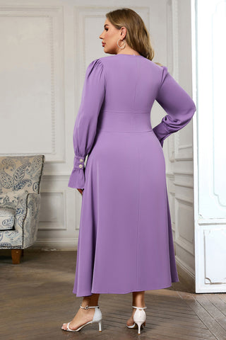 Long sleeve V neckline midi dress in purple