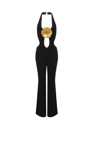 Cutout floral jumpsuits in black