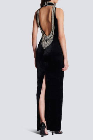 embroidered velvet halterneck maxi dress in black