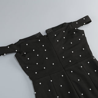 pearl polka dots embellished midi dress in black