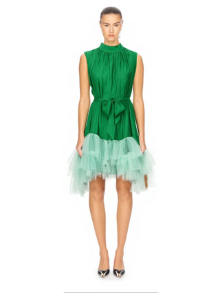 half-high-neckline tulle mini dress in green