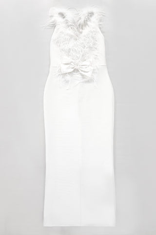 Feather bow backless midi dresses in white