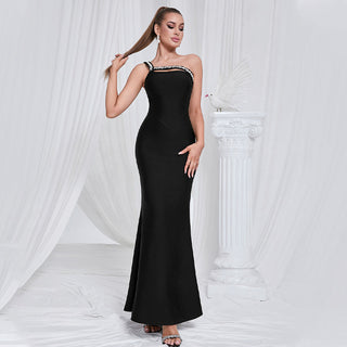 One Shoulder Diamond Bodycon Maxi Dress in black