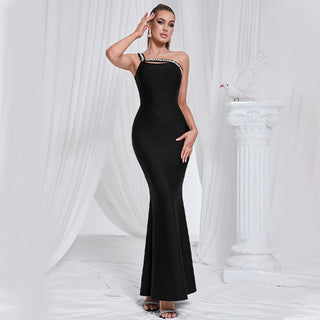 One Shoulder Diamond Bodycon Maxi Dress in black