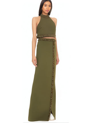 beaded diamond halter top slit skirt suit in green