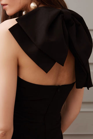 backless bow midi dress in black