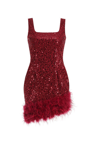 RED FEATHER SEQUIN DRESS