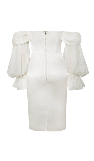 LYDIA PEARL WHITE SATIN OFF SHOULDER PUFF SLEEVE DRESS Dresses styleofcb 