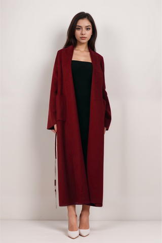 Luxurious Deep Red Belted Wool Coat with Oversized Fit