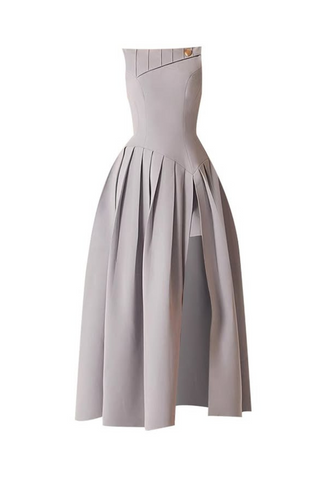 sleeveless pleated slit midi dress in gray