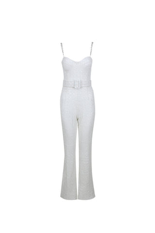 JACQUARD DIAMANTE STRAP FLARED JUMPSUIT WITH BELT