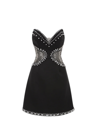 Symmetrical tulle pearl embellished mini dress in black