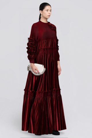 Donna red floral-appliqué pleated velvet midi dress