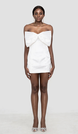 SATIN CRYSTAL EMBELLISHED BOW DRESS IN WHITE