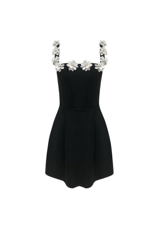 ZENOBIA FLOWER EMBELLISHED BLACK MINI DRESS