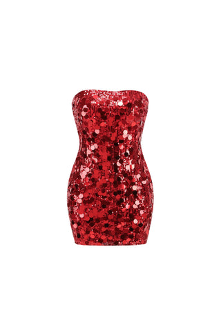 SEQUIN STRAPLESS MINI RED DRESS