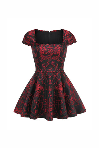 square neck jacquard mini dress in Black Red