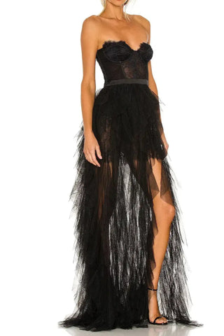 BLACK STRAPLESS LACE PATCHWORK MESH MAXI DRESS