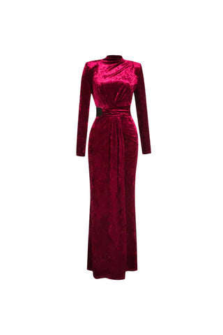 Velvet High Neck Hollow Waist maxi Dress in burgundy