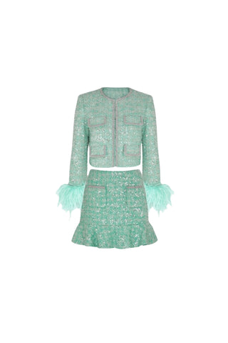 STEPHANIE BOUCLE FEATHER JACKET SUIT IN GREEN