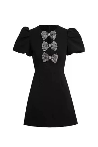 vanessa bow puff sleeve mini dress in black
