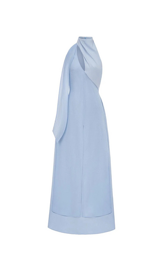 Yen Layered High Neck Floss Silk maxi Dress in blue