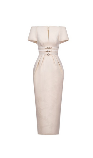 v-cut neckline maxi dress in beige