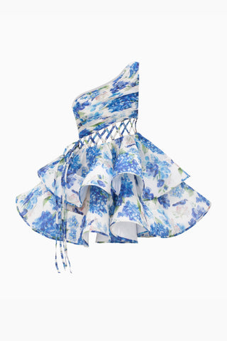 GAIL BLUE FLORAL PRINTED ONE-SHOULDER MINI CHIFFON DRESS