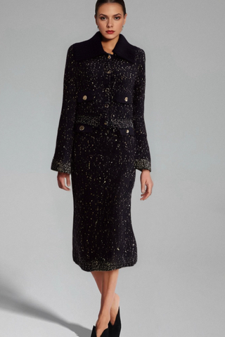 Claudine navy crochet-knit jacket & skirt matching set