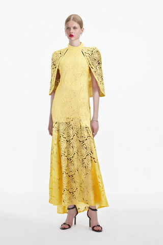 Ursula yellow cape-design chantilly-lace maxi dress