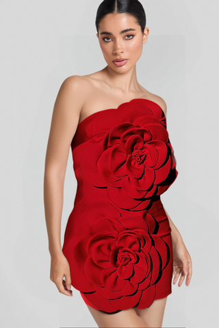 STRAPLESS FLOWER MINI DRESS IN RED