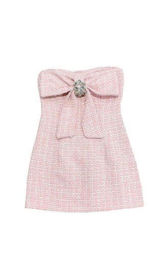 TWEED STRAPLESS BOW MINI DRESS IN PINK