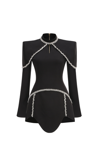 diamond chain embellished trumpet sleeve mini dress in black