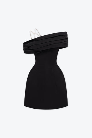 ASYMMETRIC NECK TAFFETA MINI DRESS IN BLACK