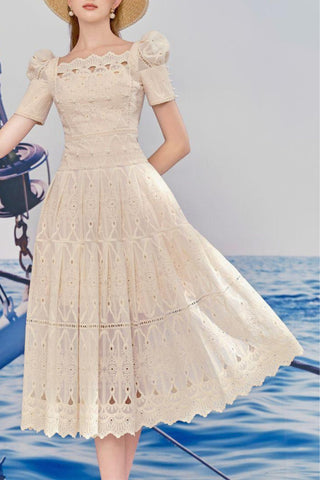 A-line Leg Of Mutton Sleeved Lace Midi Dress