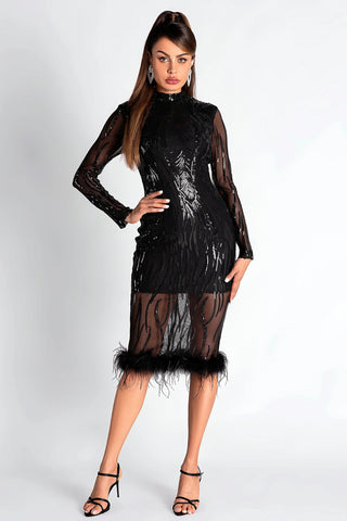 Smendes Sequin Mesh Feather Dress