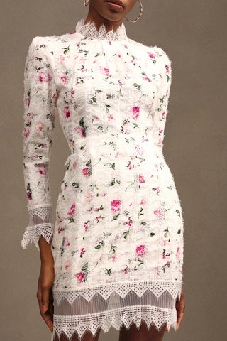 sebastiane Lace-trim long-sleeve floral midi dress in white
