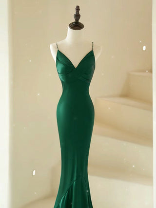 Mermaid V Neck Satin Green Prom Dress