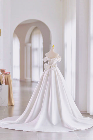 White Satin Long A-Line Ball Off the Shoulder Gown